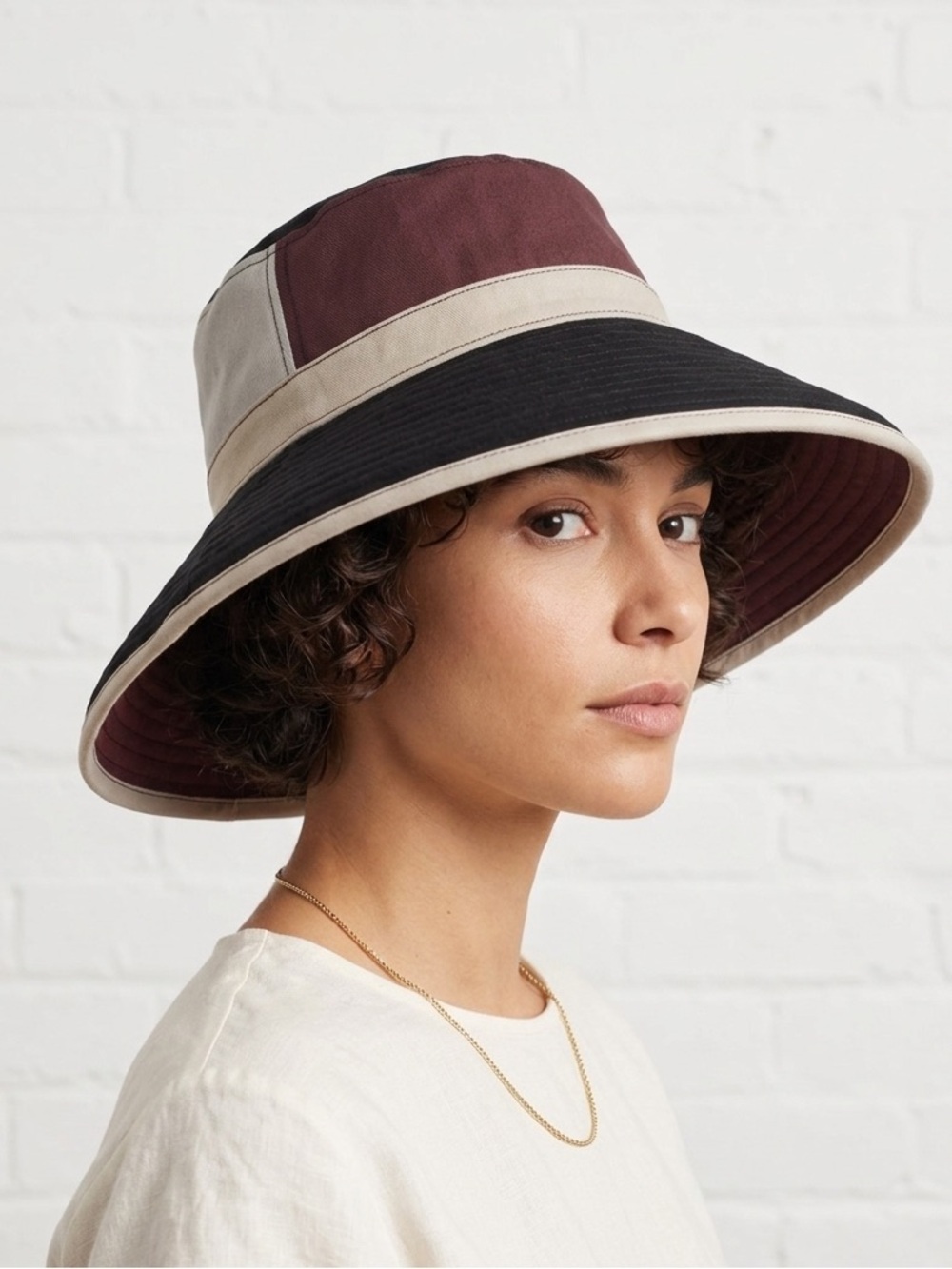 Giovannio Cotton Panel Sun Hat Wide Brim Black Tan Brown Floral Lining
